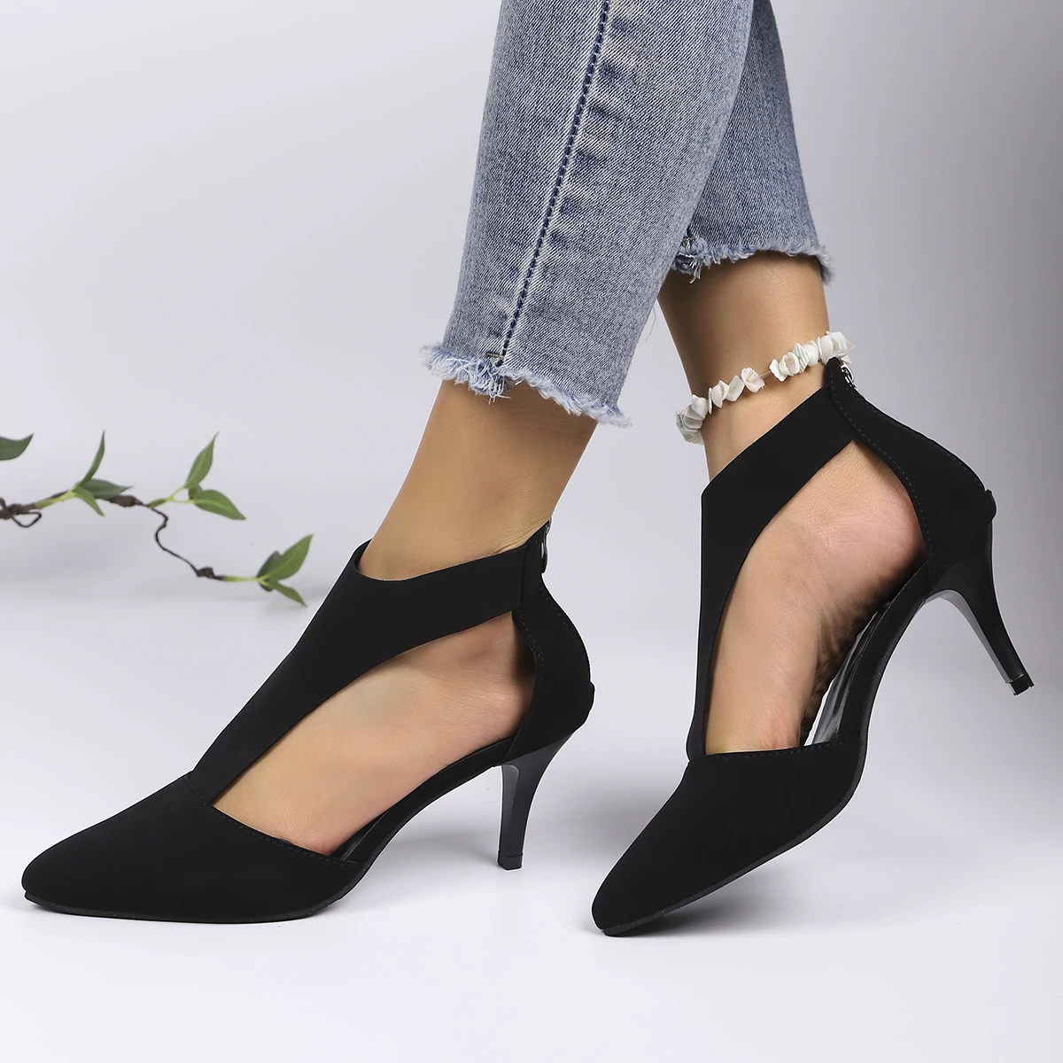 

Women's Pointed Toe Stiletto Heels Cutout Ankle Booties Back Zipper Suede Dress Pumps Comfortable Office Party Shoes