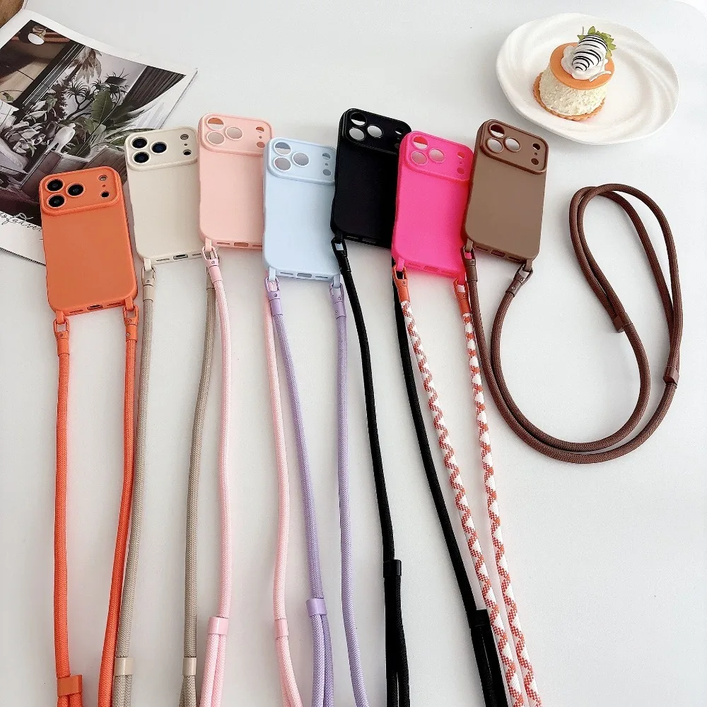Solid Color Liquid Silicone Lanyard Case for iPhone 18 17 16 15 14 13 12 Pro Max 17e 16e Crossbody Strap Shockproof Soft Cover
