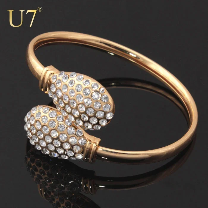 U7 Cuff Bangles Gold Color White Rhinestone Pave Setting Bracelets Women Jewelry QC24