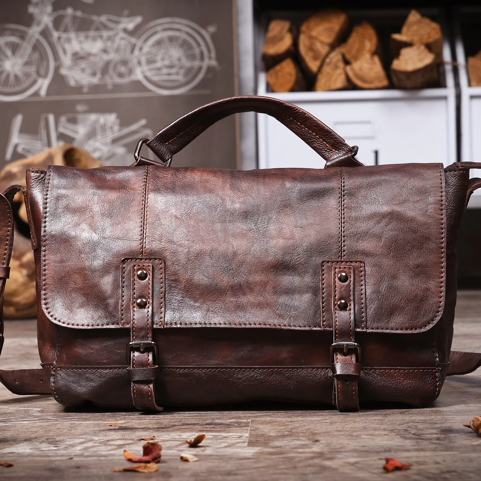 Vintage Herren-Umhängetasche aus hochwertigem Leder, lässige Messenger-Tasche, große horizontale quadratische Schultertasche – Detail 8