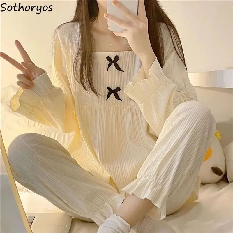 

Pajama Sets Women Sweet Spring Autumn Lace Bow Homewear Ins Square Collar Tops Plaid Warm Female Pants Sleepwear Soft Loungewear