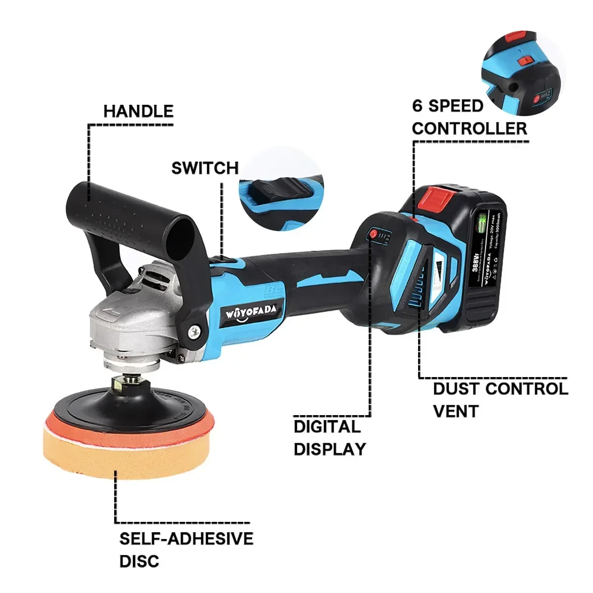 WOYOFADA Car Polisher Brushless Angle Grinder 1600W Variable Speed Car Waxing Polishing Machine For Makita 18V Battery