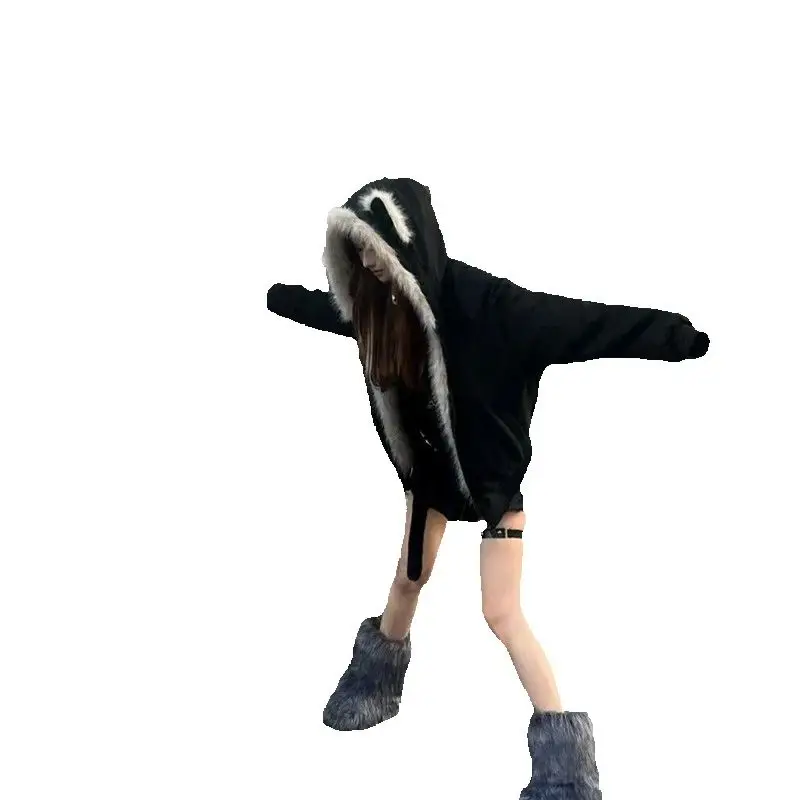 

2025 American Retro Y2K Harajuku Cat Ear Fur Collar Hooded Jacket Women Gothic Punk Streetwear Hip-Hop Casual Loose Warm Coats