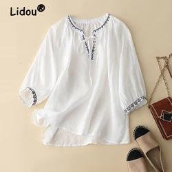 Women Summer Vintage Embroidery Cotton Linen Blouses Simple Casual Lace Up Irregular Shirts Female V Neck 3/4 Sleeve Loose Tops