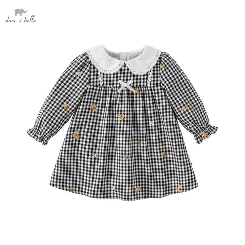 Dave Bella Girls Ruffle Dress Spring Autumn Long Sleeve Plaid Printed Princess Dress Cute Embroidery Kids Clothes DB3223530