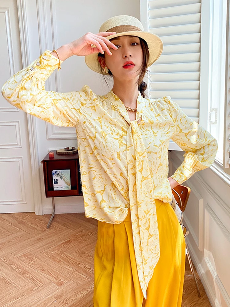 

GypsyLady Elegant Chic Yellow Blouse Shirt Floral Lace Tie Up Spring Autumn Women Blouse Long Sleeve Office Ladies Floral Tops