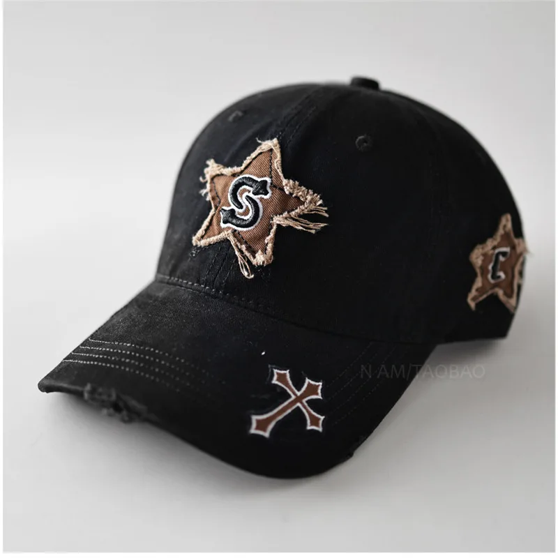 

Vintage Y2K Style unisex Baseball Cap with Frayed Star and Cross Patches soft crown dad hats for women and men