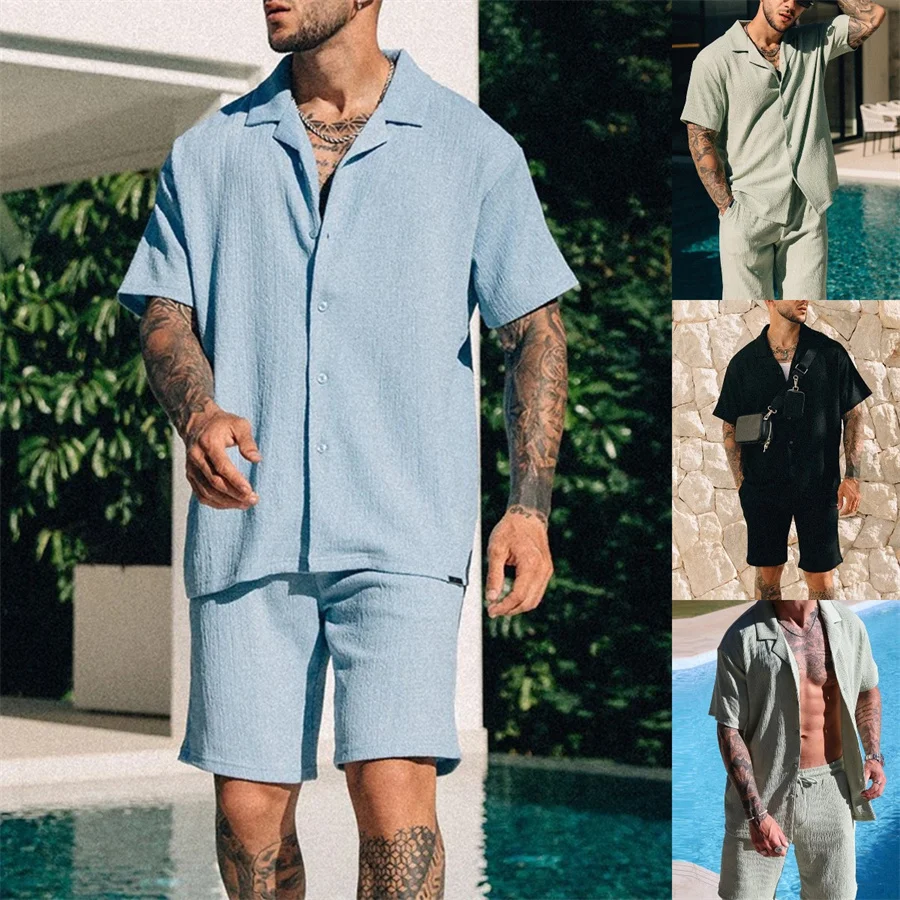 2025 novo conjunto de duas peças masculino manga curta lapela botão camisas e shorts ternos praia roupas masculinas verão streetwear agasalho