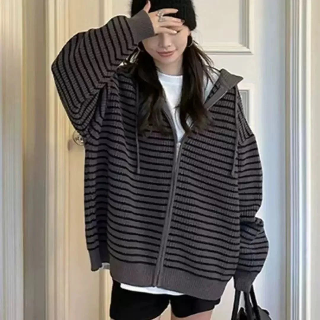 

Loose Men's Cardigan Sweater American Sle Lazy Striped Hoodie Jaet Autumn Winter plus Size 250 Pou Casual Long Sve