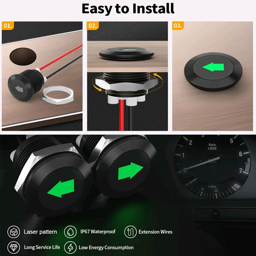 2Pcs Car Accessories 12mm Metal Turn Signal Indicator Light 12V Green Single Arrow Symbols Waterproof LED Dash Signal Lamp