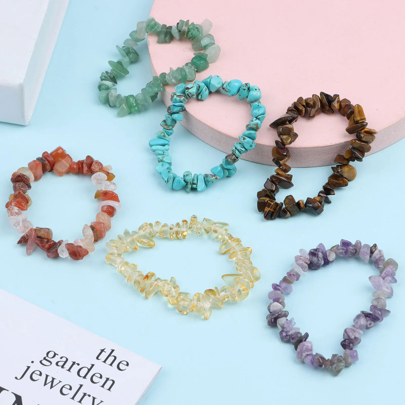 Juego de pulseras de Chip de cristal Irregular, pulseras de piedras preciosas naturales, pulseras elásticas de cristal, cuentas de Chips irregulares, 15 piezas