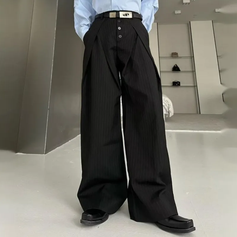 WVGA Spring Autumn New Men Tide American Style Pleated Draped Button Striped Design Niche Casual Wide-Leg Suit Pants Ins W18545