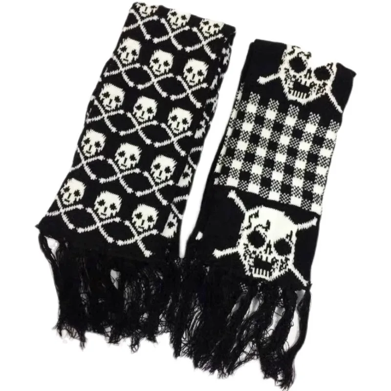 Punk Dark Style Y2k Girls Subculture Harajuku Thick Warm Knit Scarf Skull Wrap for Women Men Goth Black White Vintage Scarves