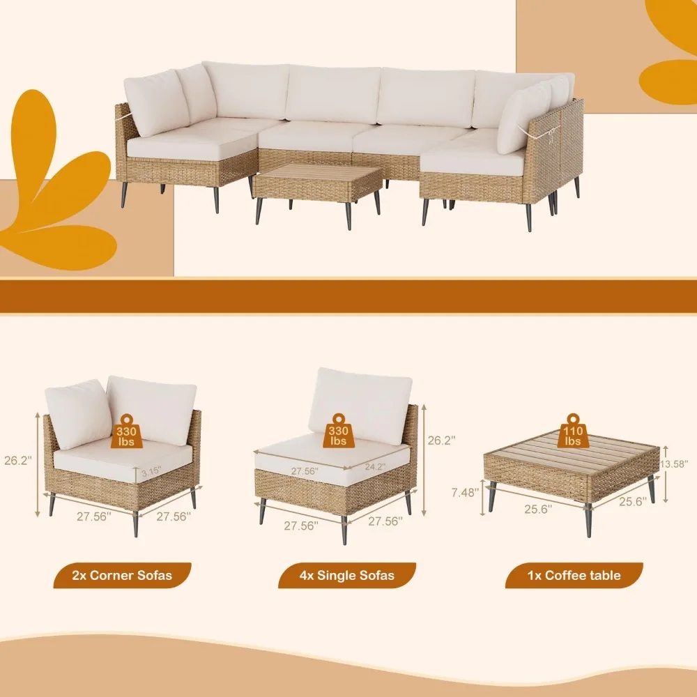 7-Piece Outdoor Wicker Patio Conversation Set, Waterproof Cushion Sectional Sofa & Coffee Table for Garden Balcony Porch, Custom