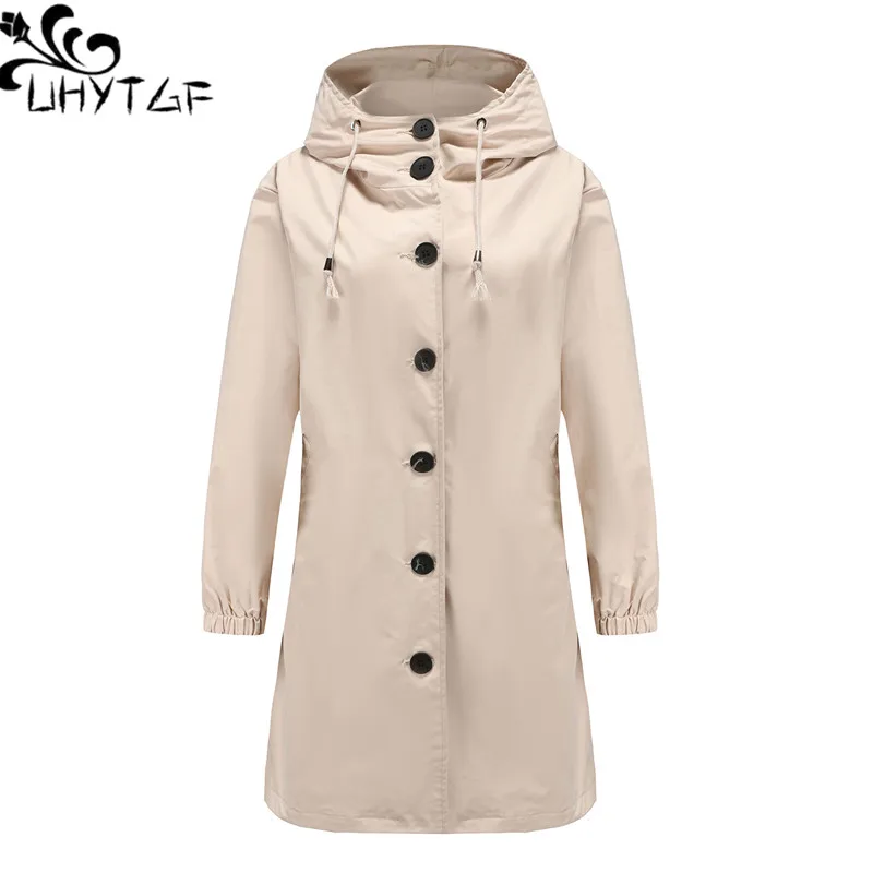 

UHYTGF Raincoat Women Jacket Hooded Outdoor Waterproof Autumn Winter Trench Coat Female Korean Thin 3XL Large Size Outewear 2684