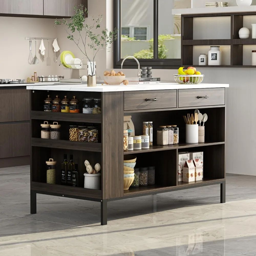 Kitchen Island,with Storage& Marble Grain Top,55.1