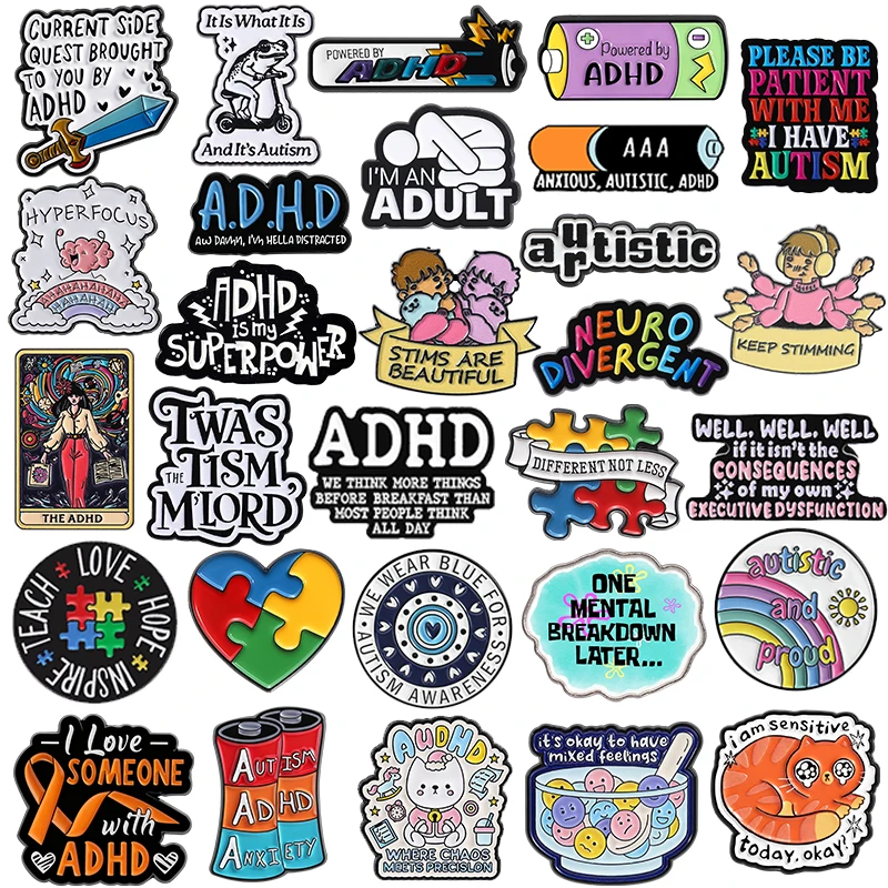ADHD Autismus Angst-Serie Emaille-Pin Neurodivergent Autismus-Bewusstsein Puzzle Psychische Gesundheit Brosche Anstecknadel Schmuck Geschenk für Freunde