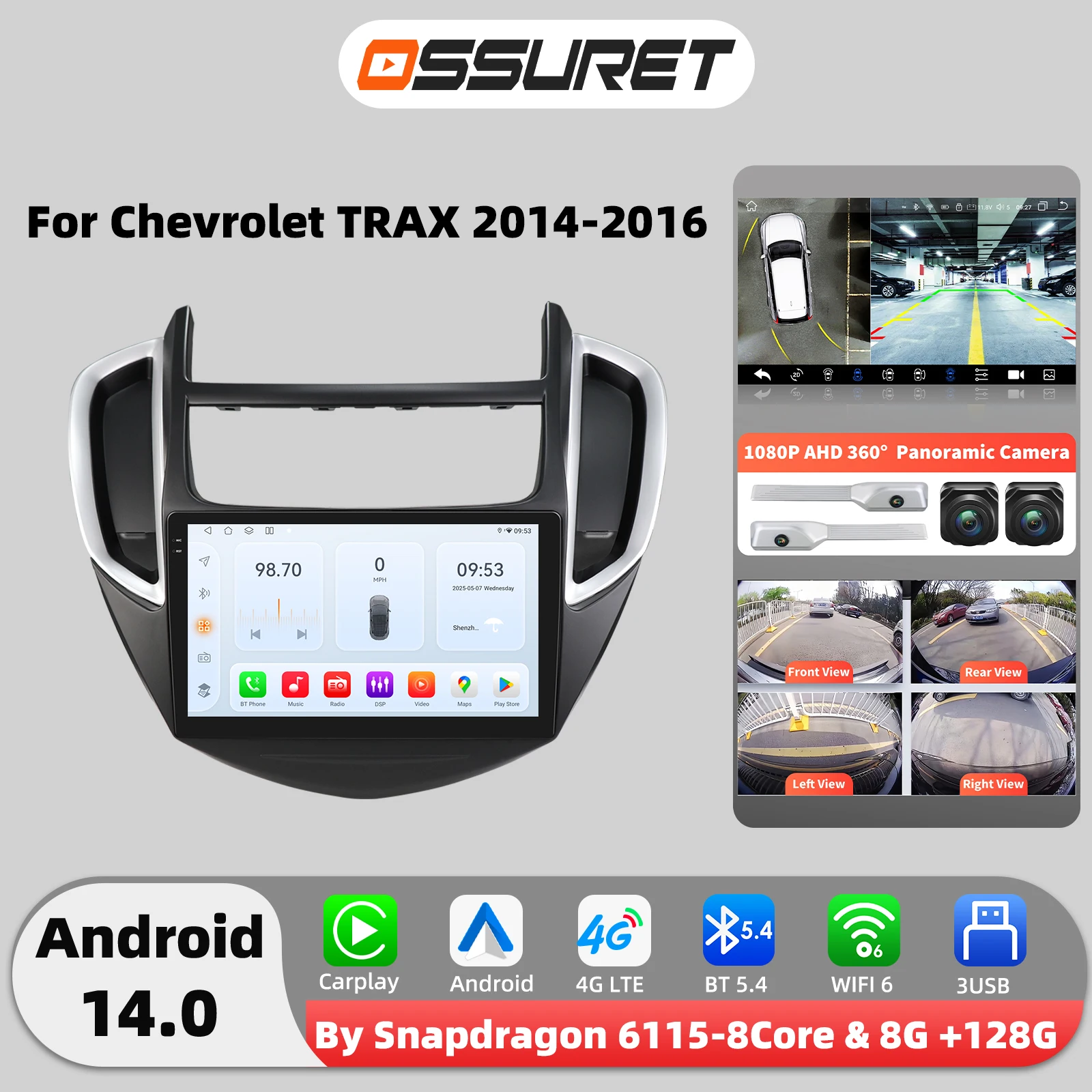 9-Zoll-2-DIN-Carplay-Android-14-Autoradio für Chevrolet TRAX 2014 2015 2016 Multimedia 6115 8-Kern-Autoradio GPS-Stereoanlage 360-Grad-Kamera-Bildschirm