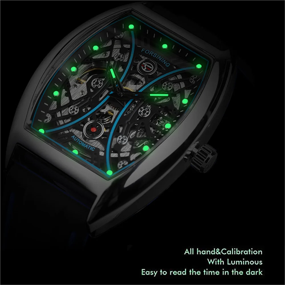 Imagem -06 - Forsining-marca de Luxo Relógio Automático Masculino Esqueleto Preto Luminoso Relógios Mecânicos Relógio de Borracha 76 Sports Outdoor