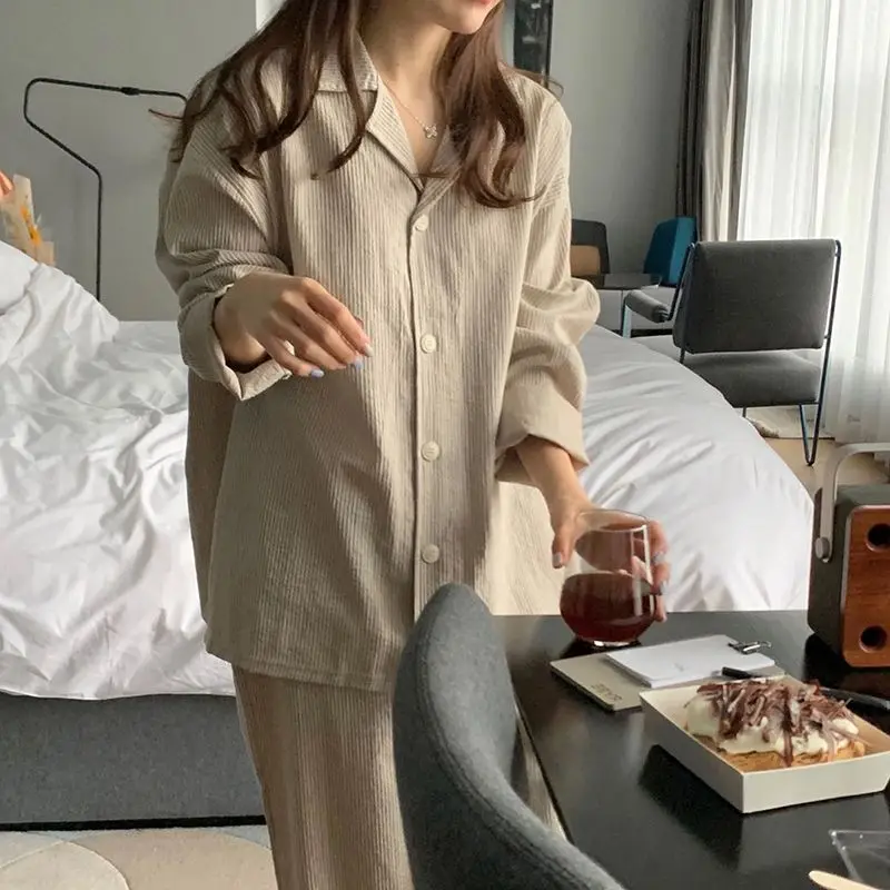 Striped Sleepwear Women Pajama Sets Korean Piiama Casual Night Wears Autumn Pants Sets 2 Pieces Button Long Sleeve Home Suit New