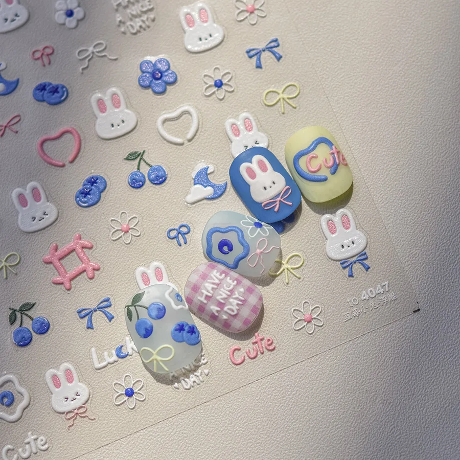 

1 шт. 5D наклейки для ногтей с кроликом Каваи, объемные мультяшные розовые и синие цветочные стикеры, клейкие украшения для ногтей, декоративные слайдеры для DIY маникюра