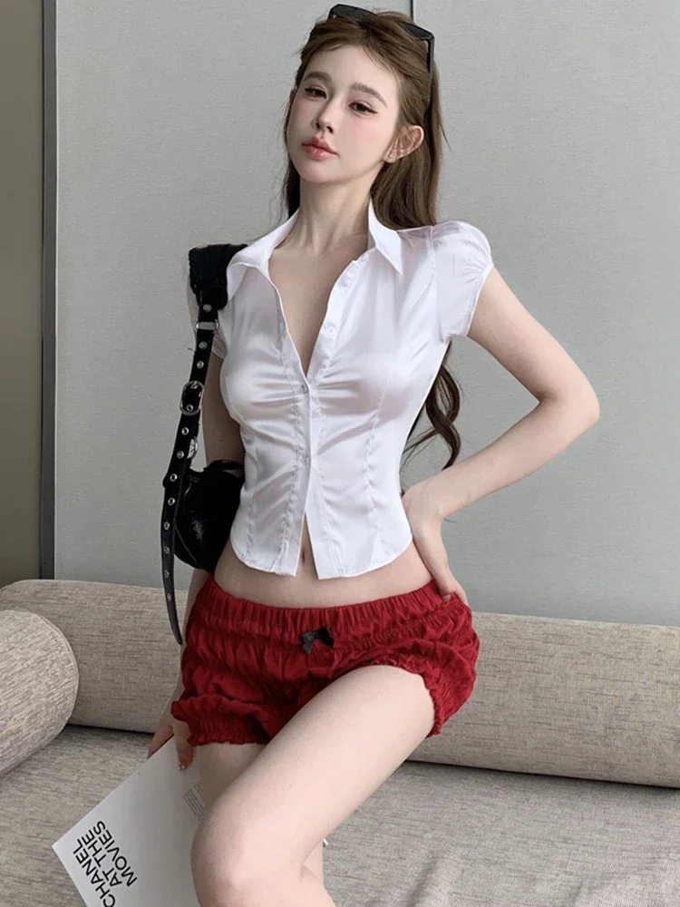 White Silk Sexy Shirts Women 2024 Korean Fashion Clothing Casual Short Sleeve Blusas Mujer Slim Crop Tops Ladies French Blouses