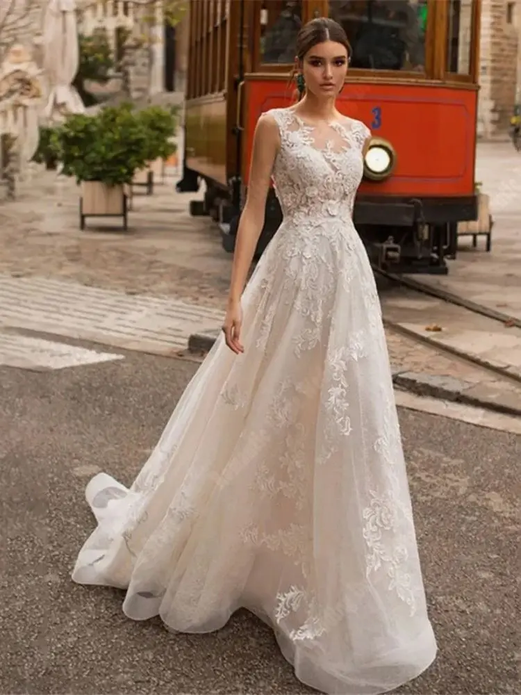 Robes de mariée en dentelle à col rond, robe de princesse, populaire, lisse, fibre de tulle, quelle que soit la longueur de vadrouille, ligne A, sexy, éducative