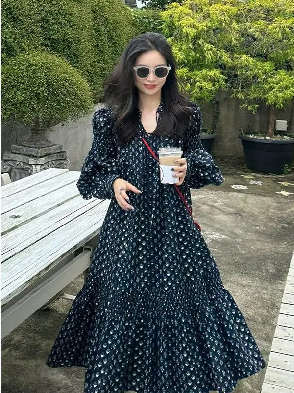 

plus Size 300 Pou Women's Korean Sle Floral Dr A-Line Midi Long Dr Autumn Slimming Effect Small Stature Dr