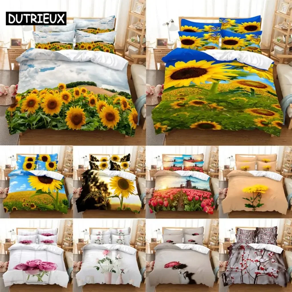 

3D HD Flower Quilt Cover Pillow Case Rose Sunflower bed Set Linen Duvet Tulip King Queen Twin Single Double 3PCS 2PCS Textile