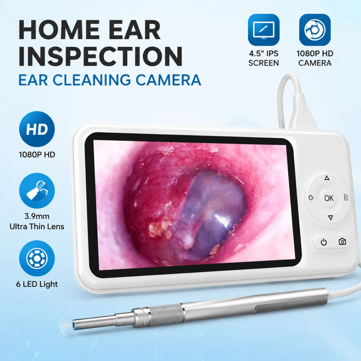 4.5 Inch Digital Otoscope 1080P HD  3.9mm Ear Picker Ear Camera 6 LEDs Ear Wax Removal Tool Ear Cleaning Stick For Child Adults