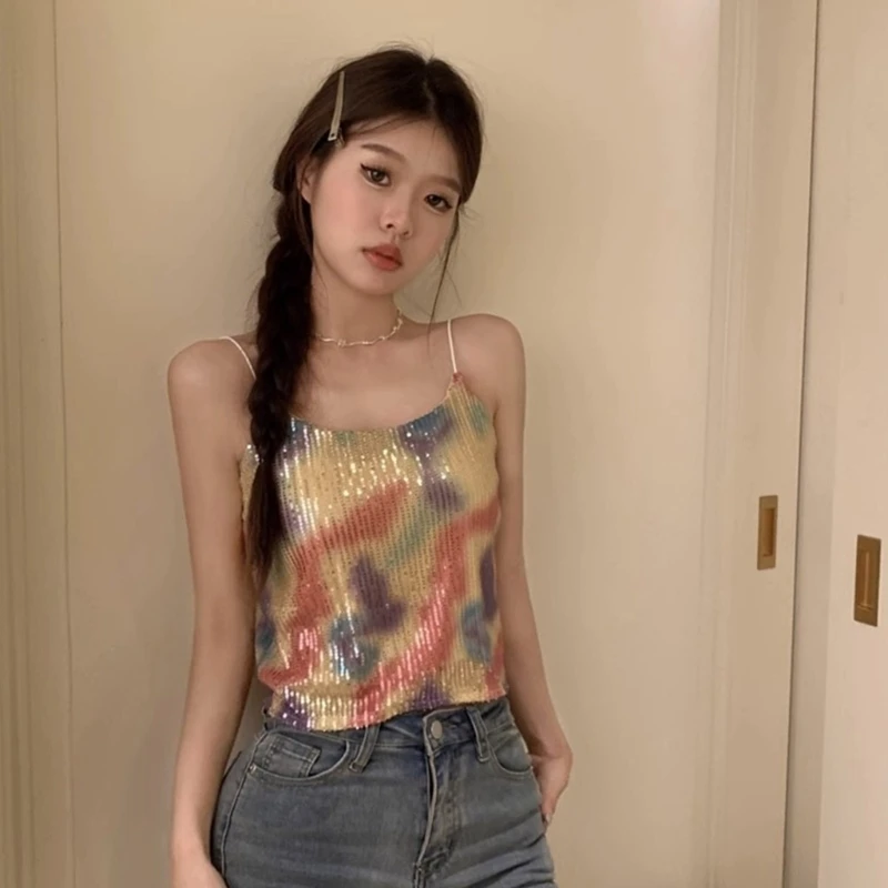 ผู้หญิงไนท์คลับ Sequins Crop Top สายสปาเก็ตตี้ Camisole