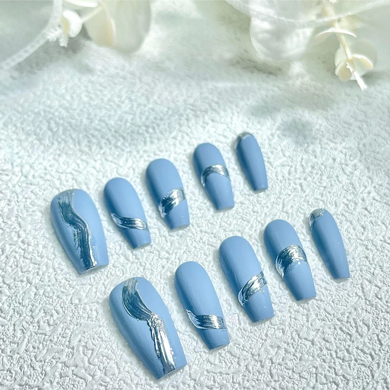 Fresh Handmade Press on Nails Long Coffin Design Blue Fake Nails Literary Manicuree Nail Art Kit Metallic Element Finger Tips