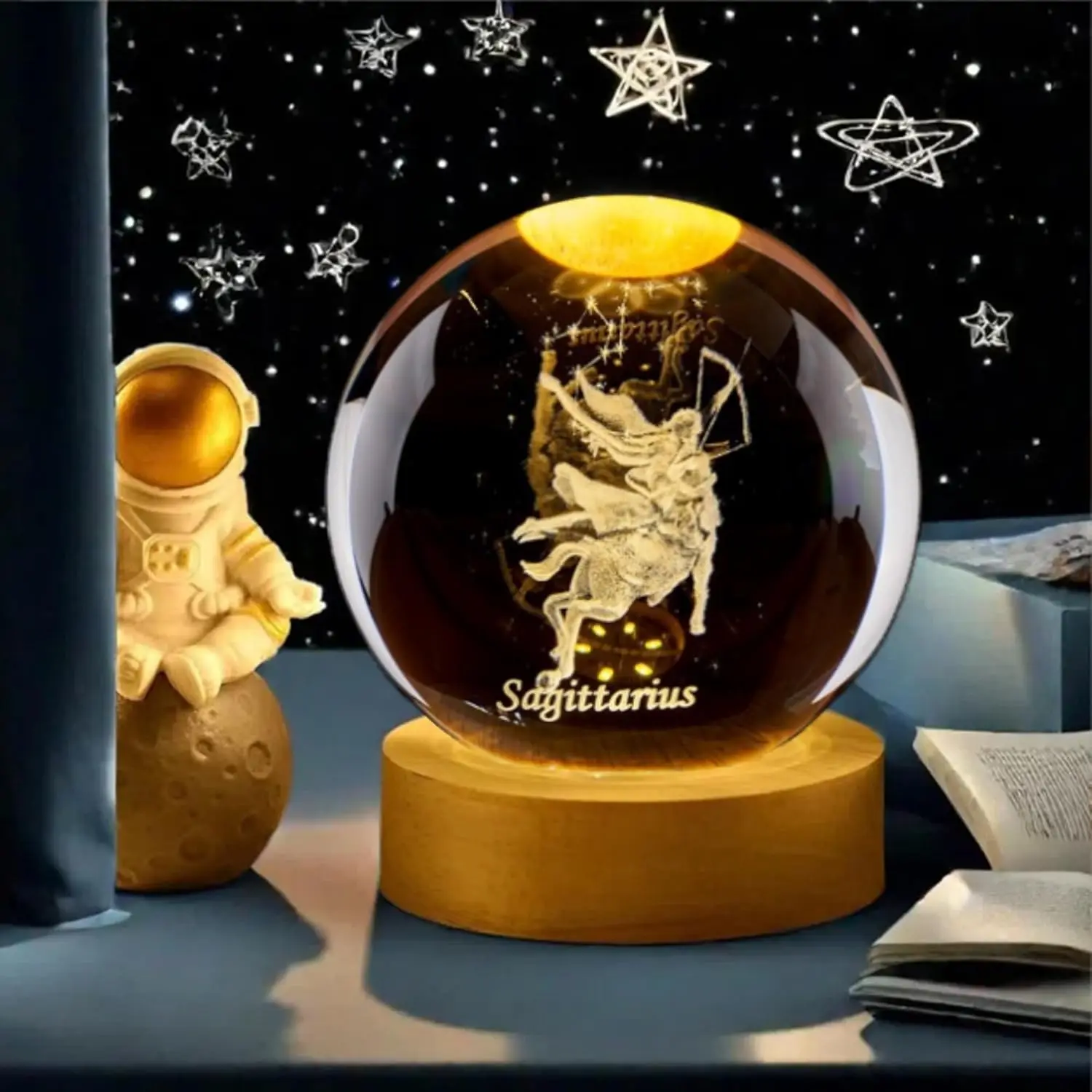 3D Sagittarius Crystal Ball with Wooden Light Base Constellation Glass Sphere Decorative Balls Paperweight Birthday Gifts