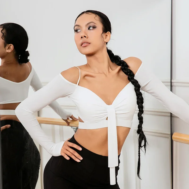 

Топ-бретелька с одним воротником, платье для латинских танцев для женщин, бальные топы с подушкой на груди для взрослых, стандартные топы с длинными рукавами для практики по индивидуальному заказу