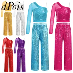 Fashion Kids Girls Sparkly Sequins Jazz Dance Costumes Two Pieces One Shoulder Crop Top Pants Child Dancewear Outfit Streetwear