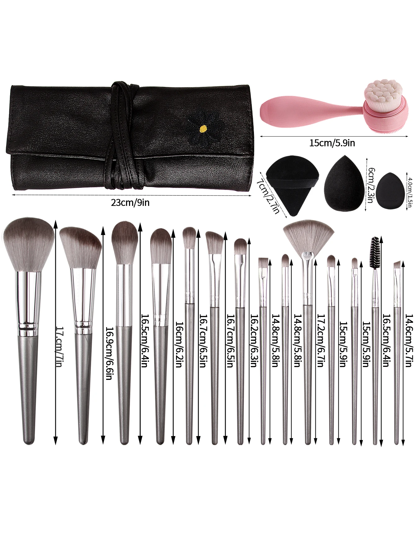 ชุดเครื่องมือแต่งหน้ามืออาชีพ 15 ชิ้นแปรงแต่งหน้ารองพื้นชุดแปรงล้างหน้า 9 ชิ้นฟองน้ําแต่งหน้า Remover พัฟ 1 ชิ้นกระเป๋าแต่งหน้า