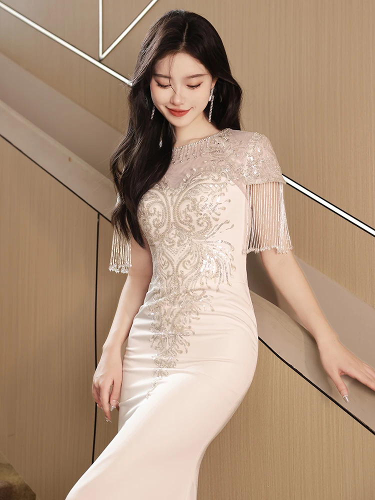 

Элегантное белое вечернее платье для женщин, высококачественное, приталенное, фасон «русалка», для вечеринок и выступлений, с длинными рукавами, в пол