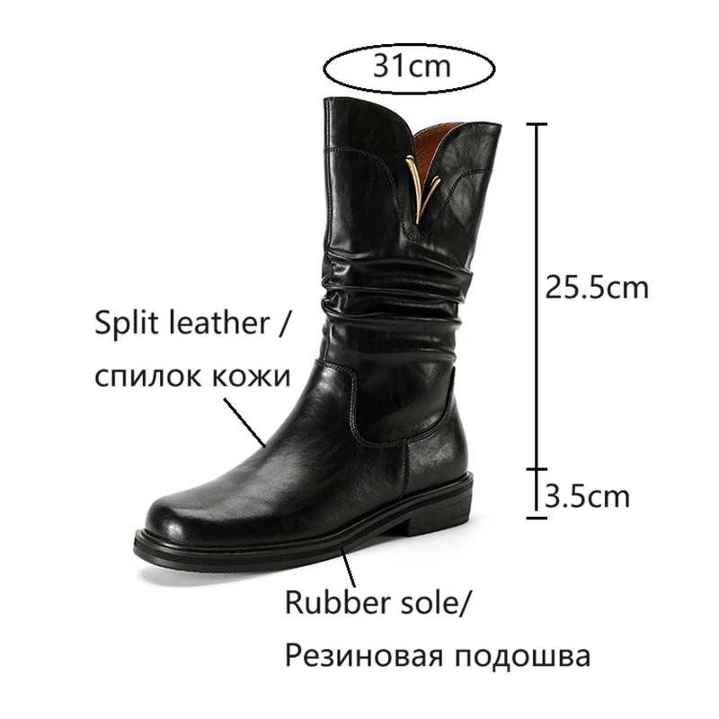 NEW Autumn Women Boots Split Leather Shoes for Women Round Toe Chunky Heel Designer Boots Pleated Boots Metal Deco Girls Boots