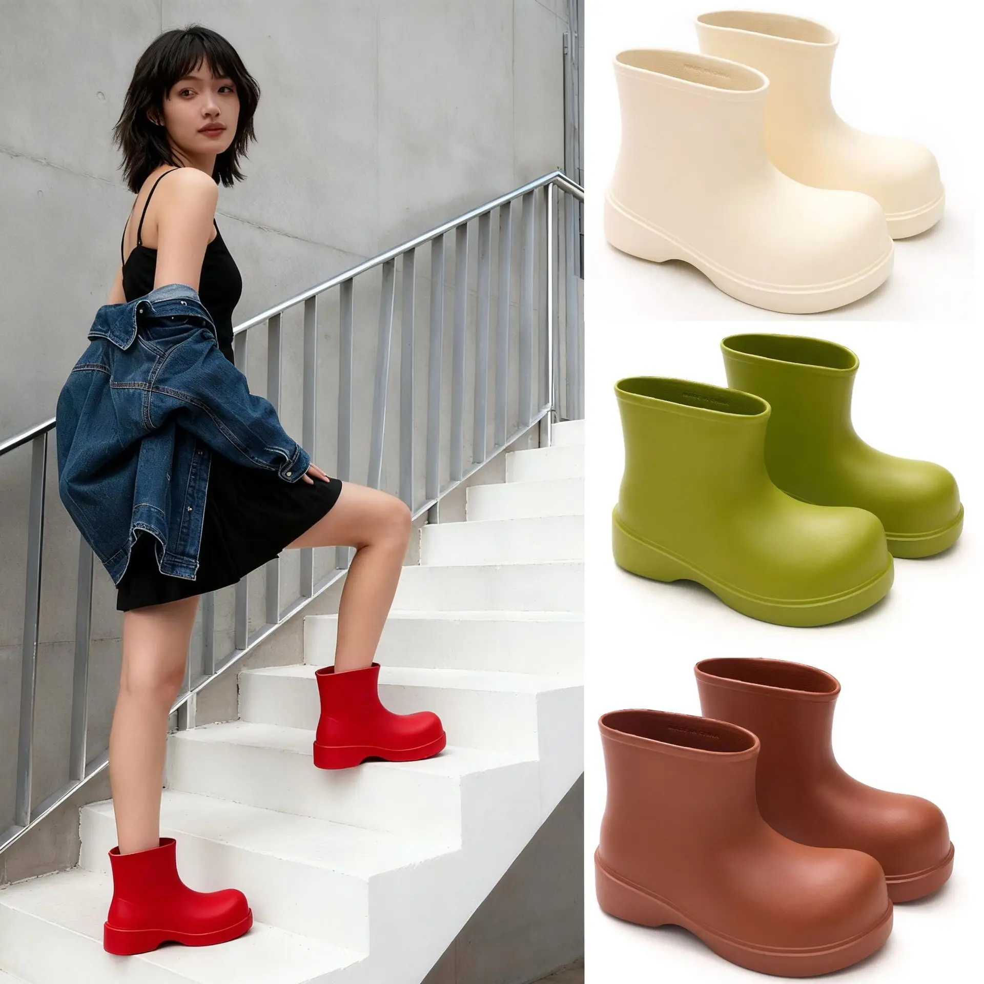 Korean rain boots 2025 women's short tube EVA waterproof shoes fashionable thick soled outdoor minimalist water shoes