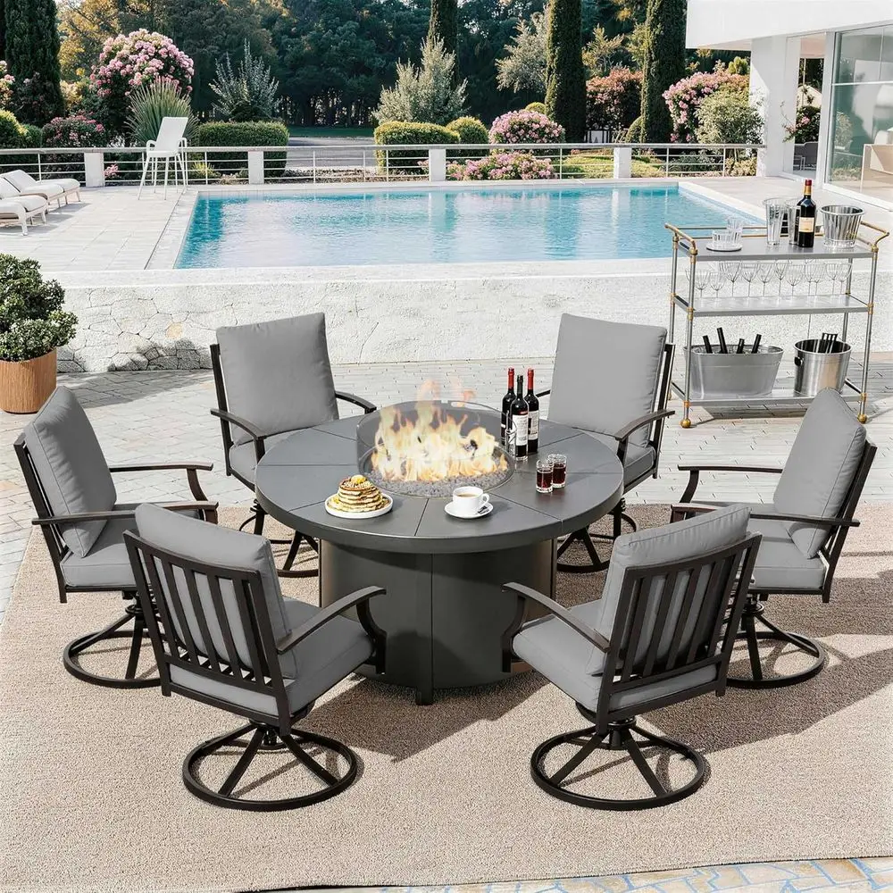 

7-Piece Grey Metal Patio Furniture Set with 48 Fire Pit Table and 6 Swivel Chairs with Cushions & Waterproof Covers