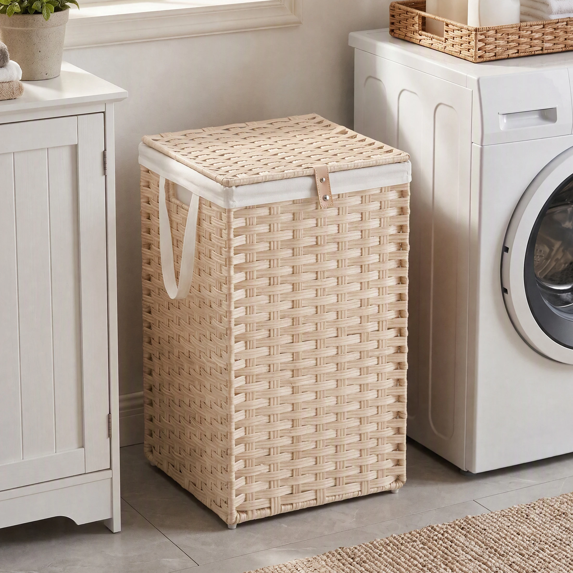 MCQ 65L Laundry Basket with Lid Foldable Wicker Hamper Side Handles Removable Liner Rattan Basket Sturdy Steel Frame for Home