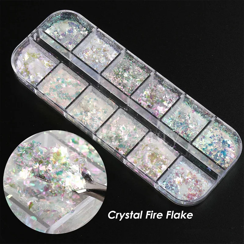 12 Grids Iridescent Nail Aurora Glitter Crystal Fire Flakes Holographic Sparkle Sequins Charms Gel Polish Manicure Flash