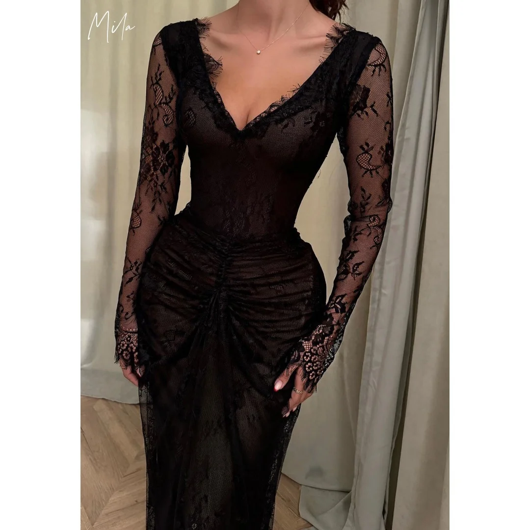 

Mila Black V Neck Lace Prom Dresses Long Sleeves Customized Formal Evening Sheath Dress Floor-Length Flowers vestidos de gala
