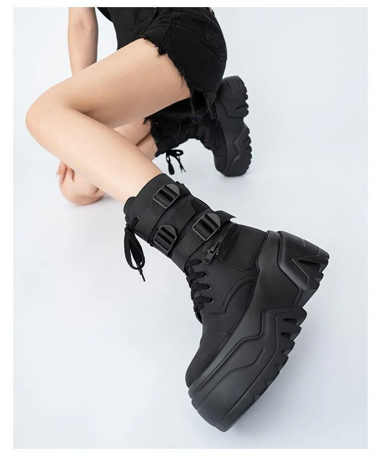 Women Ankle Booties Autumn Leather Chunky Shoes High Platform Breathable Sneakers 9CM Thick Sole Wedges Motorcycles Boots