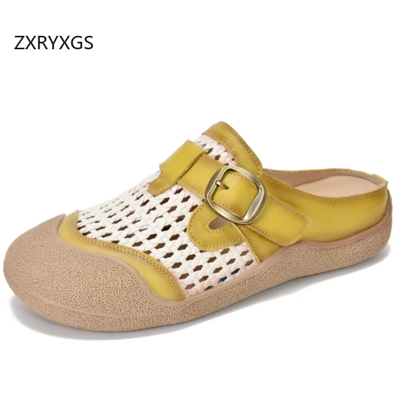 

ZXRYXGS Top Layer Cowhide Round Toe Hollow Women Trendy Slippers Spell Colors Flat Sandals Fashion Casual Outerwear Slipper 2026