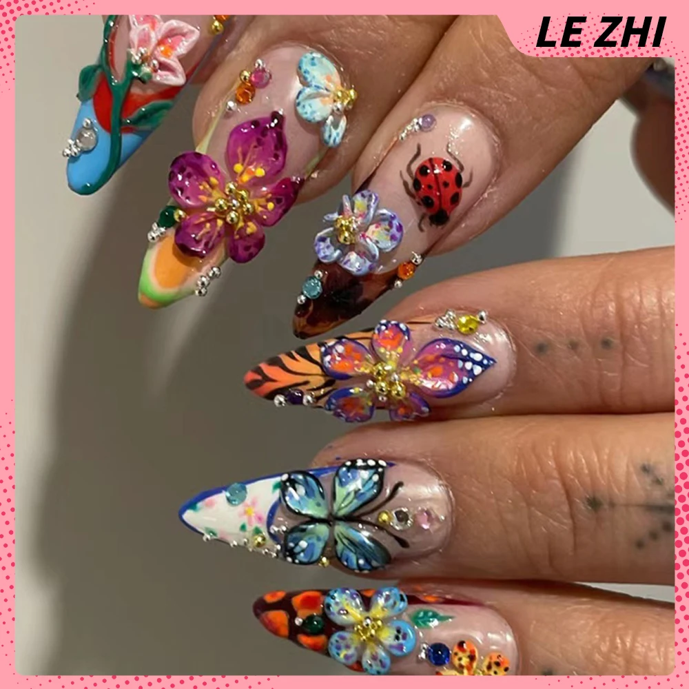 2024 Summer Hot Sales Handmade 3D Lily Flower Press On Nails Party Sticker Natural Garden Ladybug Butterflies Fake Nail Stickers