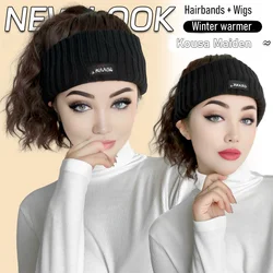 Synthetic 12inch Black Hollow Top Knit Hat Water wave Wig Extensions Ponytail Embroidered log Winter Warm Christmas