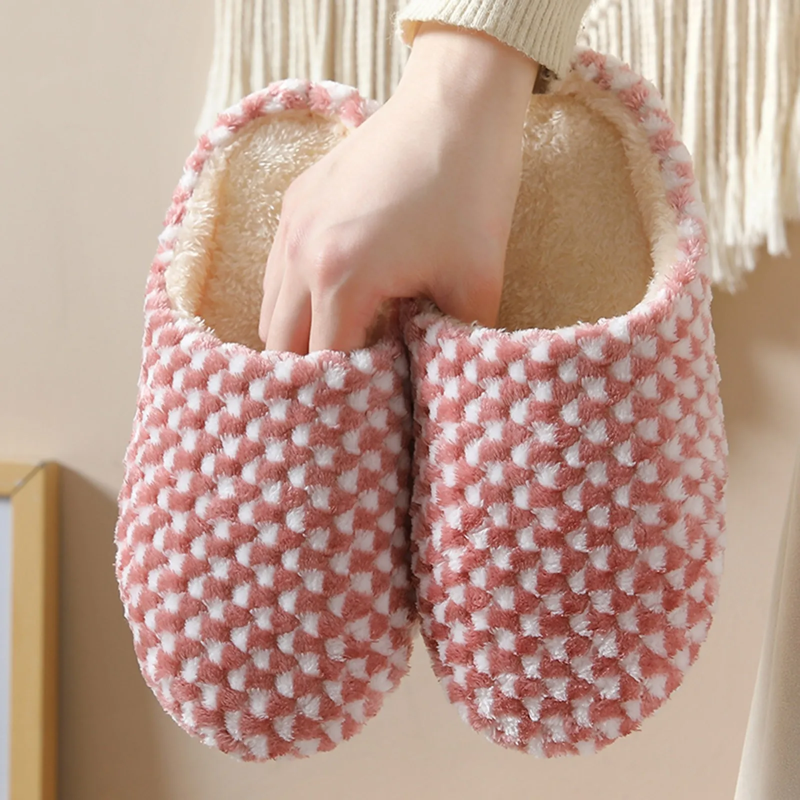 

Fashion Couple Winter Toe Wrap Warm Plaid Cotton Slippers Thick Soft Sole Slides Men Women Indoor Floor Flat Home Non-Slip Shoes