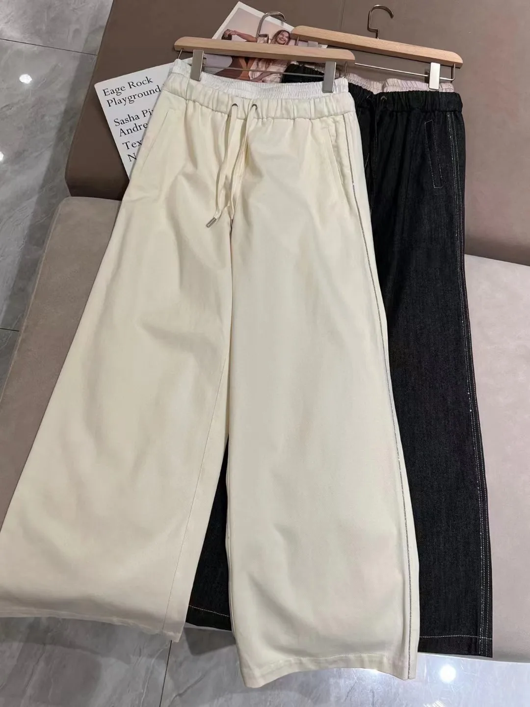 Women Long Pants Beaded Contrast Color Elastic Waist Drawstring Straight Loose Autumn 2024 Trousers