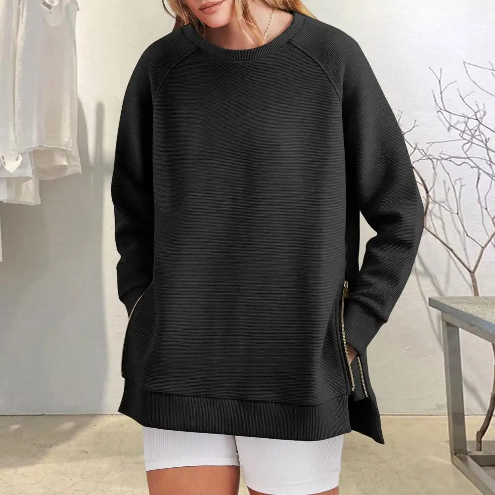 Women Oversized Sweatshirt Stylish Women's Zipper Slit Sweatshirt with Elastic Cuffs Mid Length Loose Fit Pullover for Outdoor